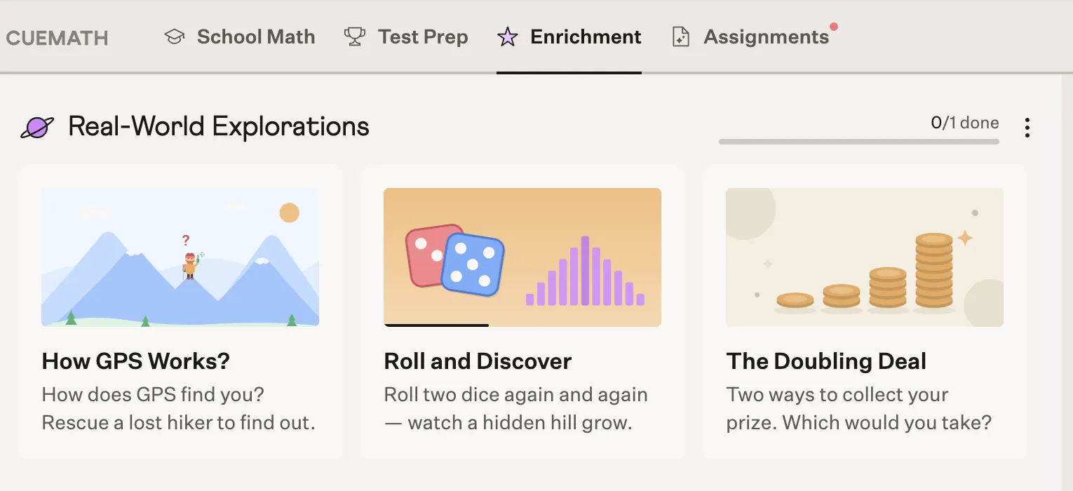 Enrichment puzzles and math games inside the Cuemath app