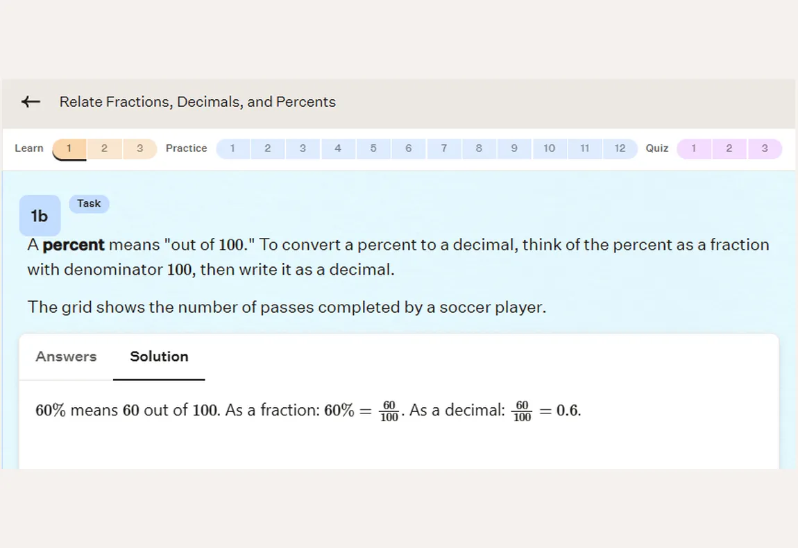 A worked solution relating fractions, decimals, and percents inside the Cuemath app