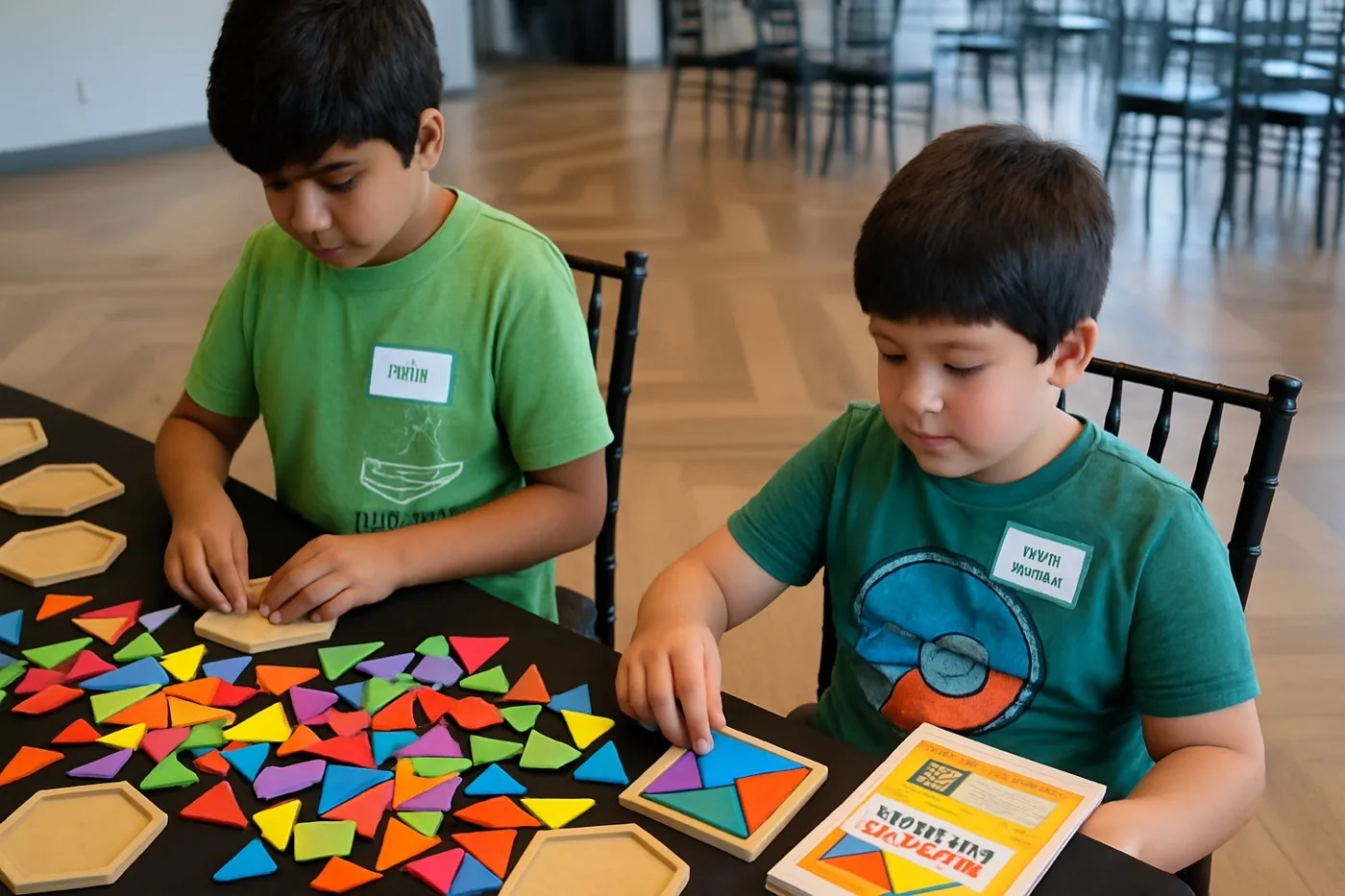 Children solving tangram puzzles