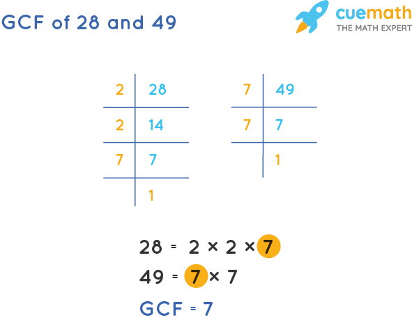 GCF of 28 and 49 by Prime Factorization