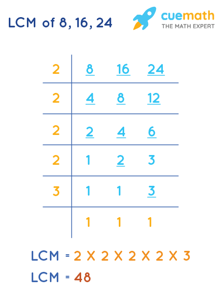LCM of 8, 16, and 24 by Division Method
