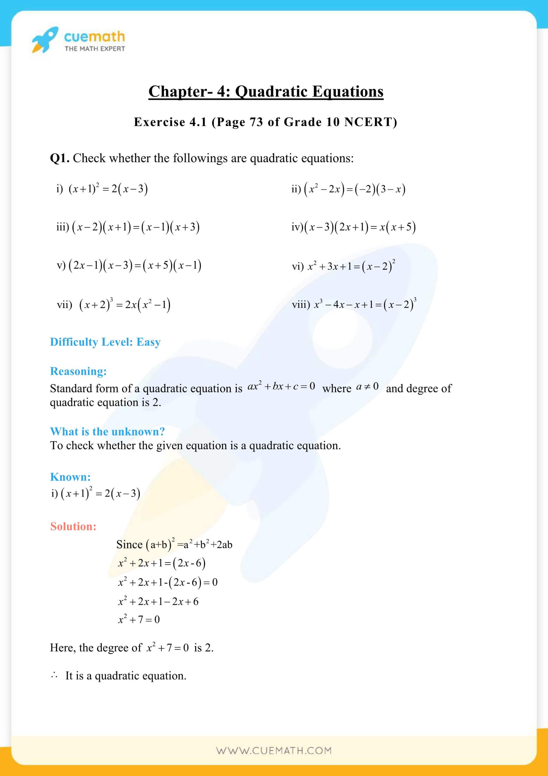 NCERT Solutions Class 10 Maths Chapter 4 Exercise 4.1 1