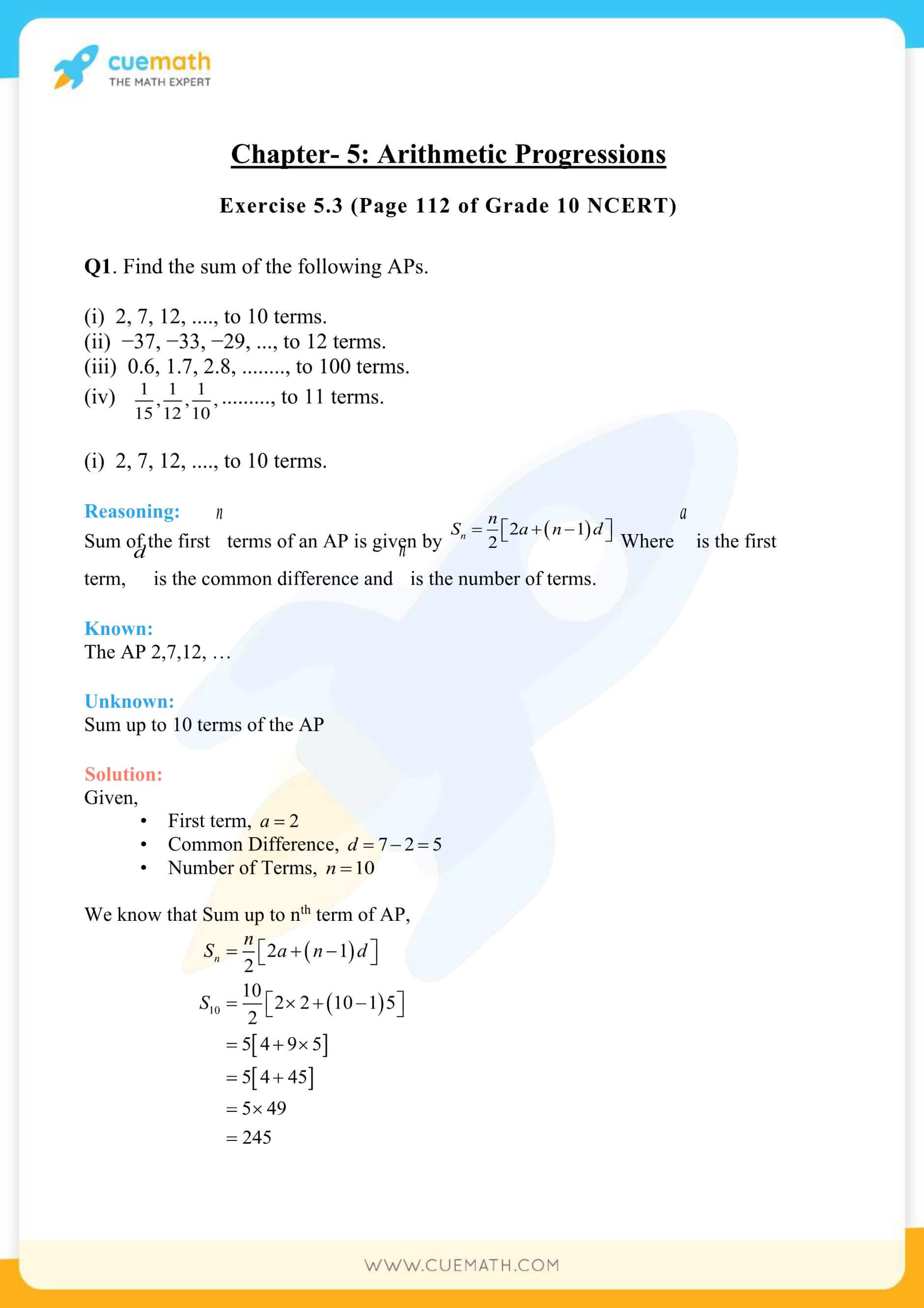 NCERT Solutions Class 10 Maths Chapter 5 Exercise  Arithmetic  Progressions