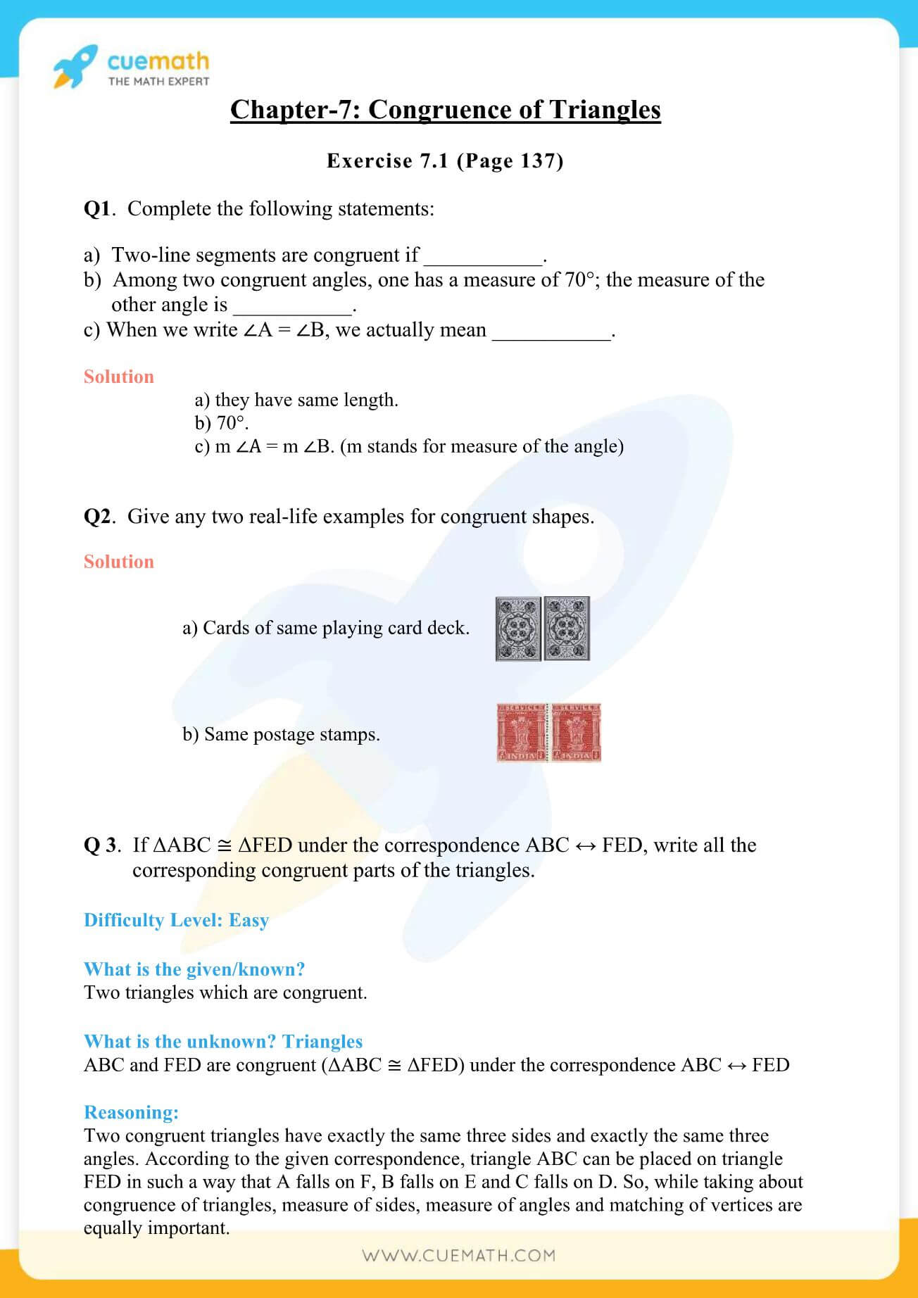 NCERT Solutions Class 7 Math Chapter 7 Congruence Of Triangles 1