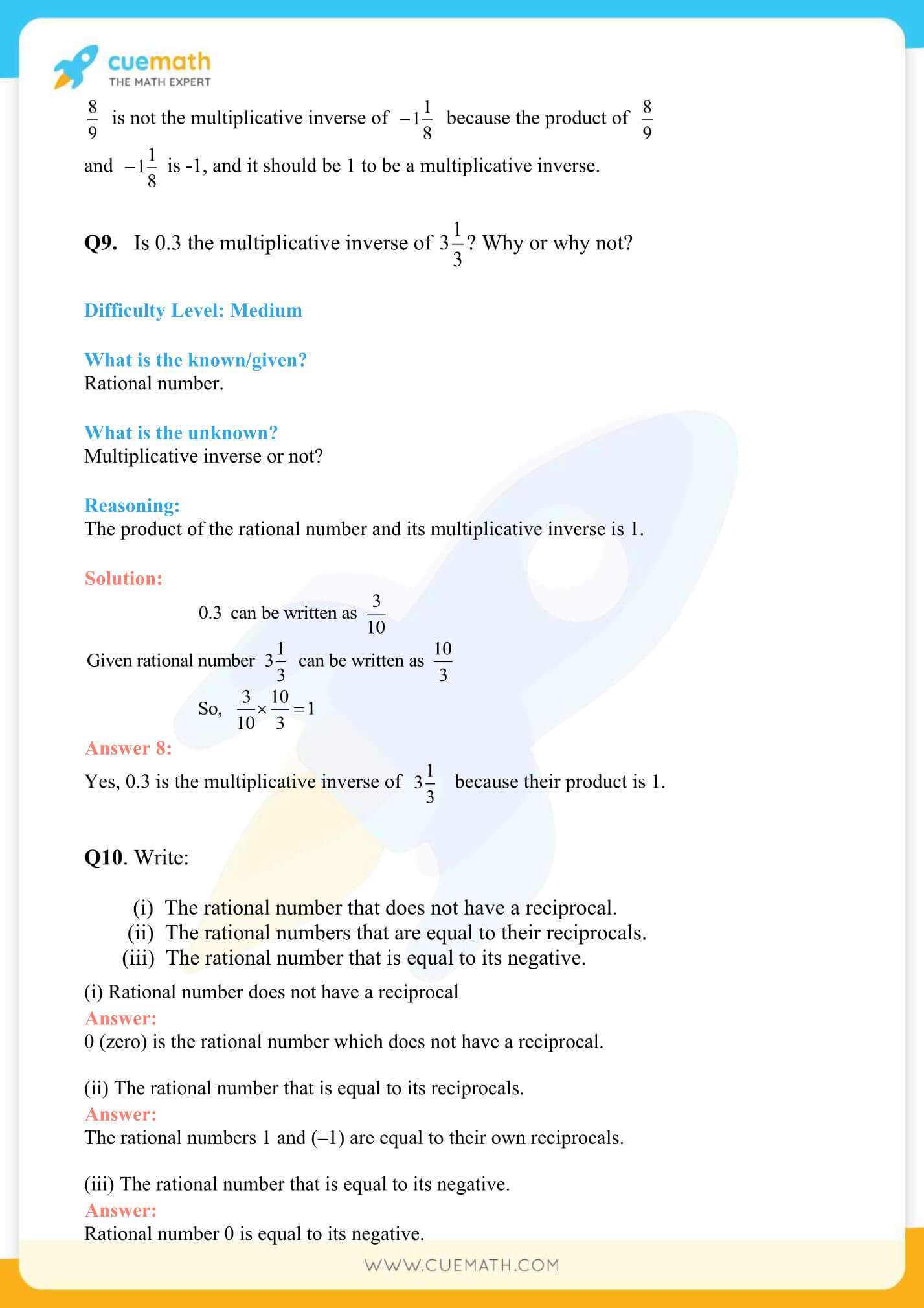 NCERT Solutions Class 8 Math Chapter 1 Rational Numbers 9