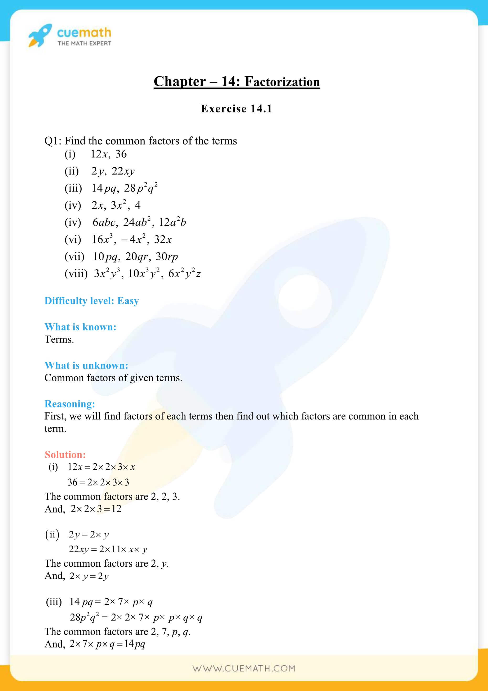 ncert solutions class 8 maths chapter 14 factorization access pdf