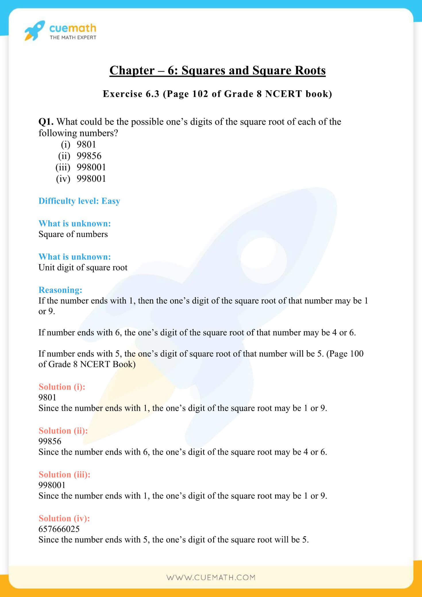 NCERT Solutions Class 8 Maths Chapter 6 Squares And Square Roots